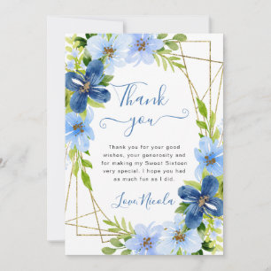 Carte De Remerciements Fleurs bleues et navy Cadre doré Sweet 16