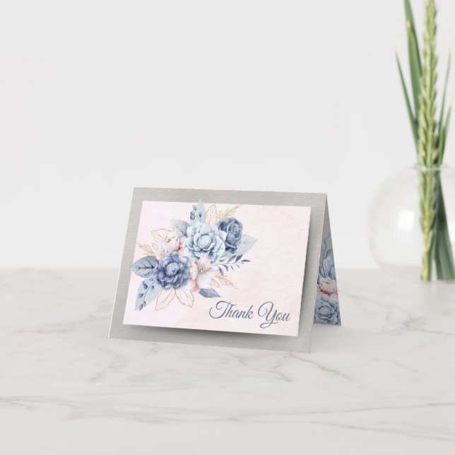 Carte De Remerciements Fleurs bleues et roses sur Mariage rose et gris (Devant)