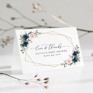 Carte De Remerciements Fleurs Bleues Marine, Fleurs Roses, Baby shower