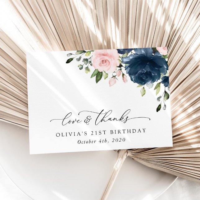 Carte De Remerciements Fleurs Bleues Marine, Fleurs Roses, Boho, Annivers (Créateur téléchargé)