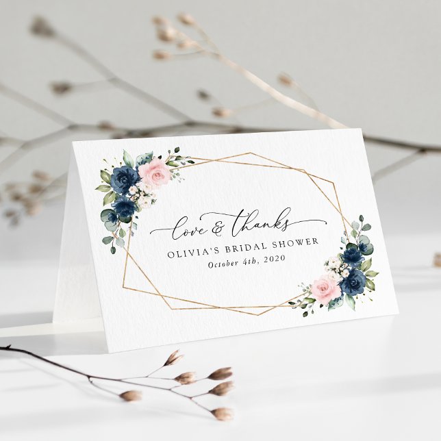 Carte De Remerciements Fleurs Bleues Marine, Fleurs Roses, Fête des marié (Créateur téléchargé)