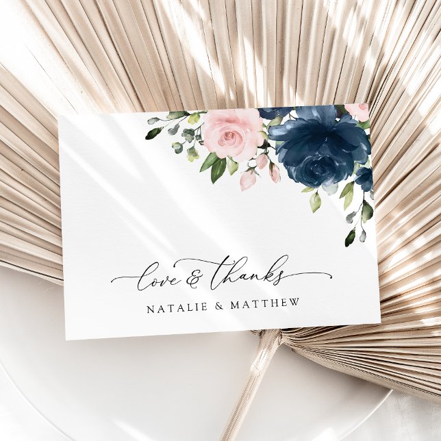 Carte De Remerciements Fleurs Bleues Marine, Fleurs Roses, Mariage Floral (Créateur téléchargé)