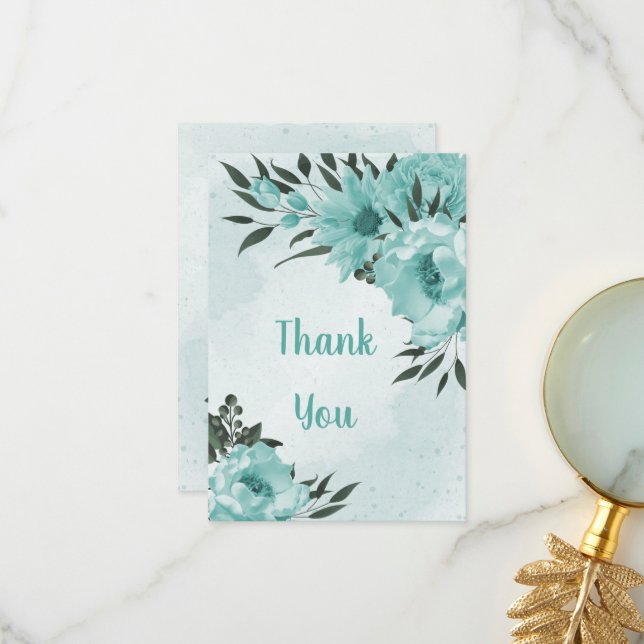 Carte De Remerciements fleurs bleues verdure botanique (Devant/Arrière en situation)