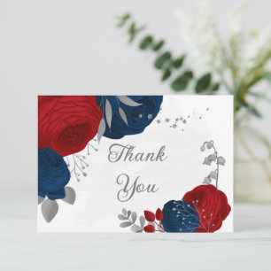 Carte De Remerciements fleurs botaniques mariage rouge foncé et marine ar
