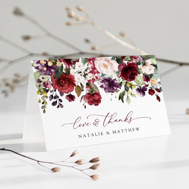 Carte De Remerciements Fleurs Bourgogne, Fleurs roses, Verdure, Mariage (Créateur téléchargé)