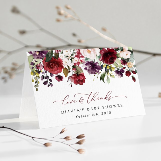 Carte De Remerciements Fleurs Bourgognes, Fleurs Roses, Boho, Baby shower (Créateur téléchargé)