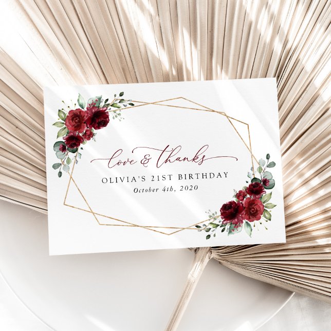 Carte De Remerciements Fleurs Bourgognes, Fleurs Rouges, Boho, Anniversai (Créateur téléchargé)