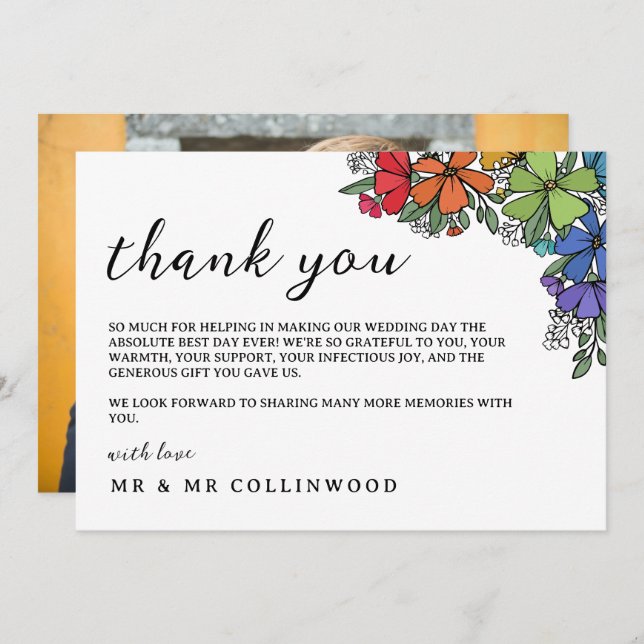Carte De Remerciements Fleurs couleur arc-en-ciel LGBT Mariage photo (Devant / Derrière)