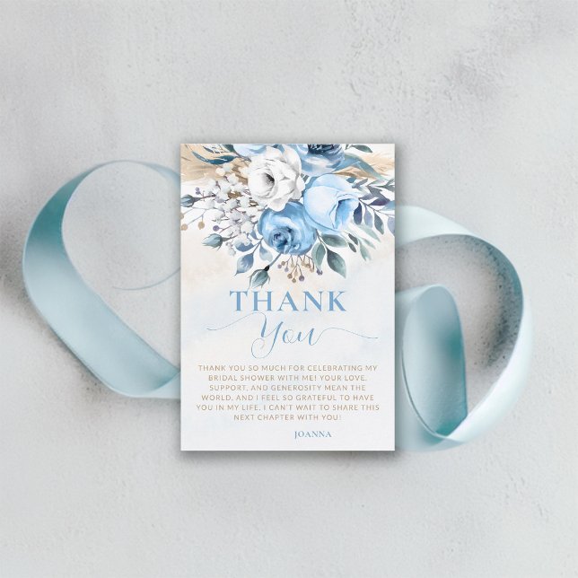 Carte De Remerciements Fleurs d'amour Roses bleues Fête de mariage (something blue bridal shower thank you card dusty roses wheat watercolor romantic garden backyard)
