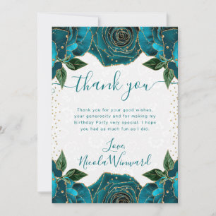 Carte De Remerciements Fleurs d'anniversaire à l'aquarelle sarcelle et or