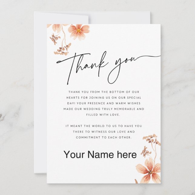 Carte De Remerciements Fleurs d'aquarelle chaude Calligraphie de mariage (Devant)