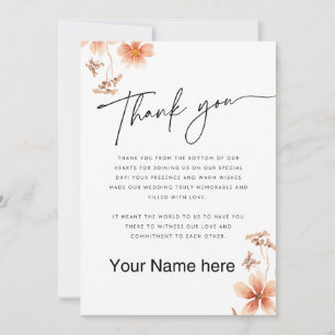 Carte De Remerciements Fleurs d'aquarelle chaude Calligraphie Mariage