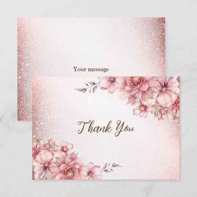 Carte De Remerciements Fleurs d'aquarelle rose fêtards Parties scintillan (Devant / Derrière)