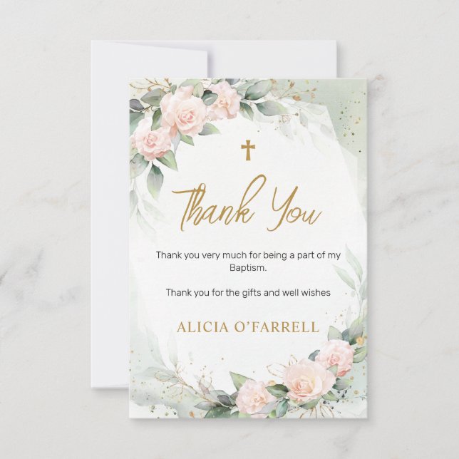 Carte De Remerciements Fleurs d'aquarelle roses Verdure Baptême (Devant)