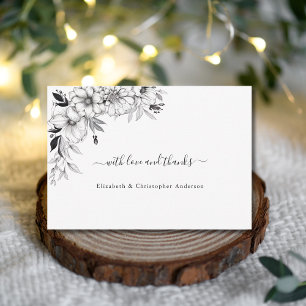 Carte De Remerciements Fleurs d'art à trait main Mariage noir blanc