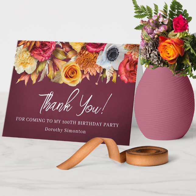 Carte De Remerciements Fleurs d'automne 100e anniversaire plié (Beautiful way to say thank you this fall. Burgundy background with earth tone flowers and white text)
