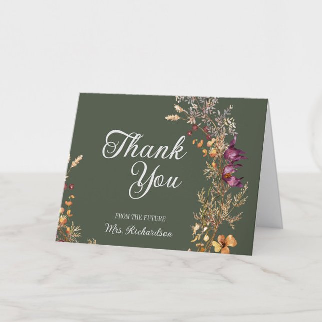 Carte De Remerciements Fleurs d'automne Boho Bridal Shower plié (Fall Bridal Shower Thank You Cards from the Future Mrs., Green Wildflower Floral, Autumn Flowers)