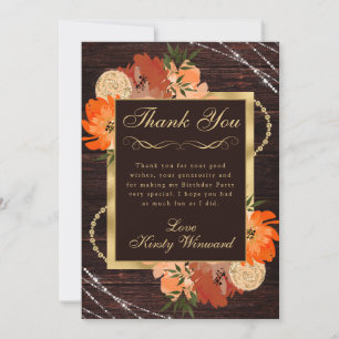 Carte De Remerciements Fleurs d'automne orange brûlé rustique d'anniversa