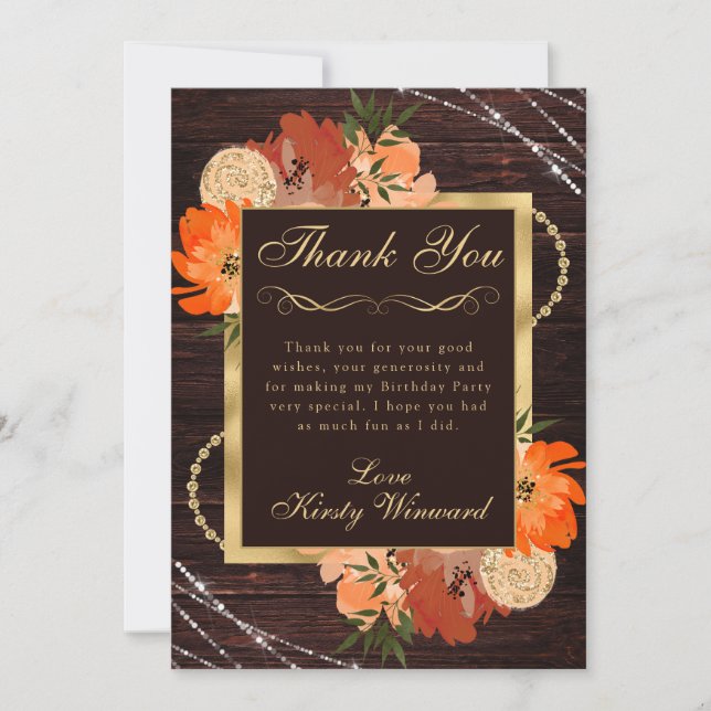 Carte De Remerciements Fleurs d'automne orange brûlé rustique d'anniversa (Devant)