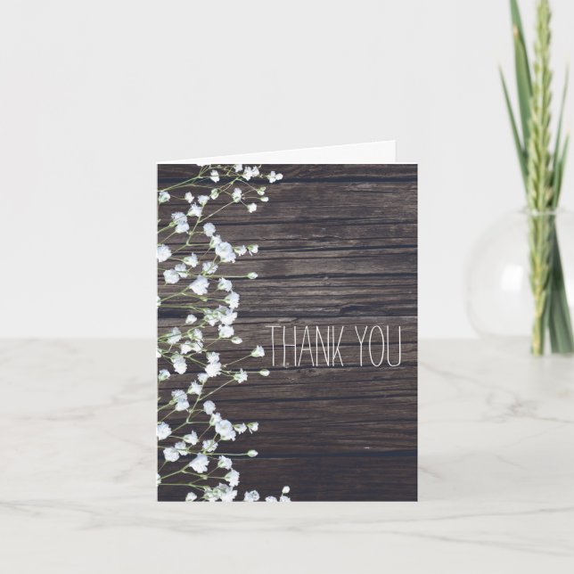 Carte De Remerciements Fleurs de Baby's Breath & Bois Rustique Foncé Merc (Devant)