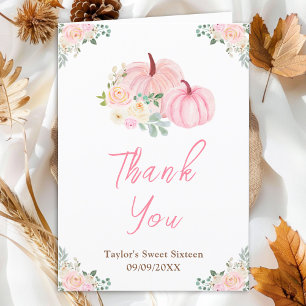 Carte De Remerciements Fleurs de Citrouilles Roses pour un Sweet Sixteen