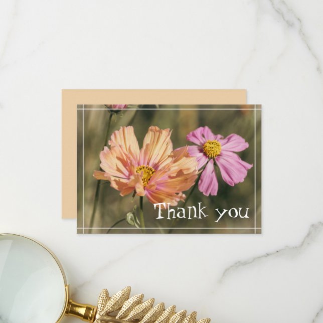 Carte De Remerciements Fleurs de Cosmea d'Été Rétro (Devant/Arrière en situation)