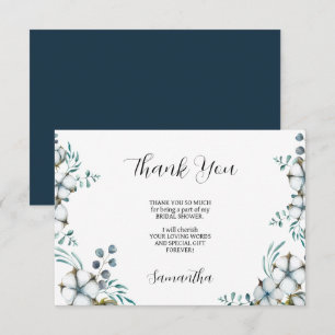 Carte De Remerciements Fleurs de coton bleu marine et eucalyptus Baby Sho
