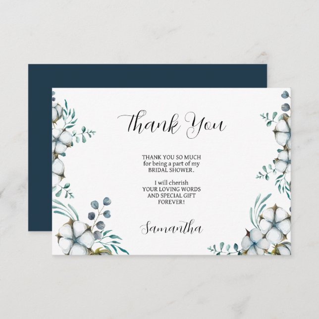 Carte De Remerciements Fleurs de coton bleu marine et eucalyptus Shower d (Devant / Derrière)