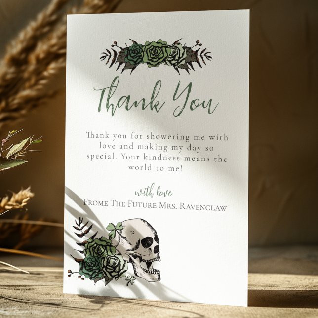Carte De Remerciements Fleurs de crâne Roses Vertes Mariage Gothique (Elegant Irish Gothic Thank You Card for Bridal Shower or St. Patrick's Day. Hand Drawn Skull & Roses)