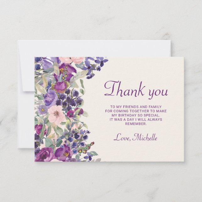 Carte De Remerciements Fleurs de feuillage rose blush violet pour anniver (Devant)