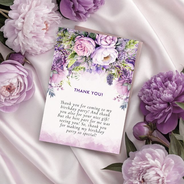 Carte De Remerciements Fleurs de jardin violet et rose Fille Anniversaire (Purple & Pink Garden Flowers Girl Birthday Thank You Card)