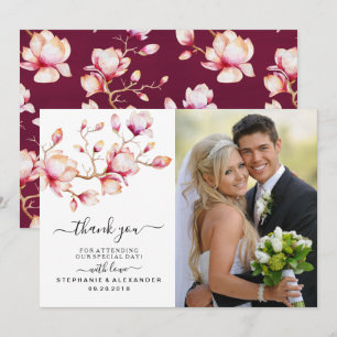 Carte De Remerciements Fleurs de Magnolia rose Aquarelle