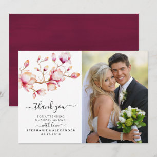 Carte De Remerciements Fleurs de Magnolia rose Aquarelle