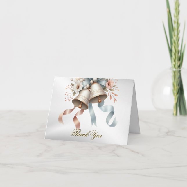 Carte De Remerciements Fleurs de mariage cloches Rubans bleu rose Beau (Devant)