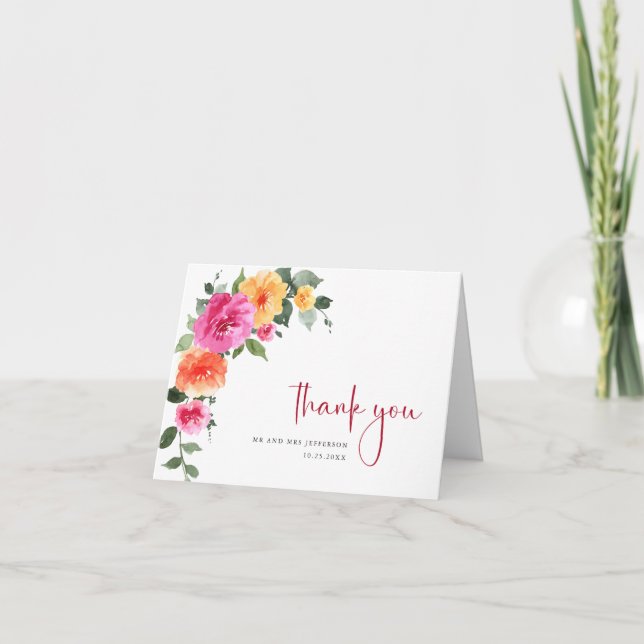 Carte De Remerciements Fleurs de mariage florales lumineuses aquarelle fe (Devant)