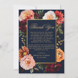 Carte De Remerciements Fleurs de mariage Navy Or Orange Bourgogne foncé