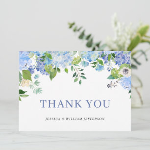 Carte De Remerciements Fleurs de mariage verdoyantes et hydrangeas bleus 