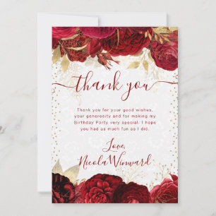 Carte De Remerciements Fleurs de naissance à l'aquarelle rouge et or