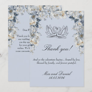 Carte De Remerciements Fleurs de peinture à l'eau bleu poussiéreux Cygne 