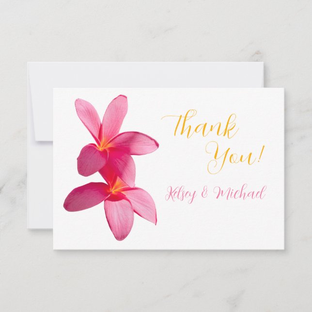 Carte De Remerciements Fleurs de Plumeria Rose, Mariage Tropical et Flora (Devant)