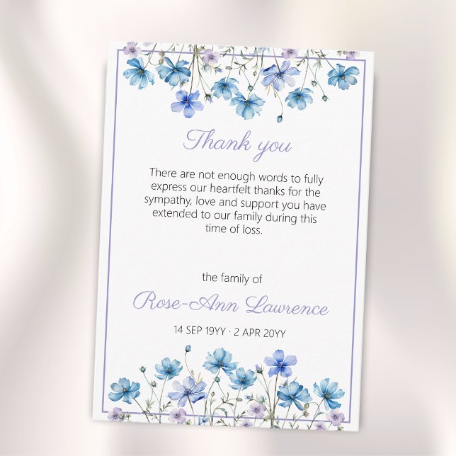 Carte De Remerciements Fleurs de prairie bleu aquarelle Funérailles (Créateur téléchargé)