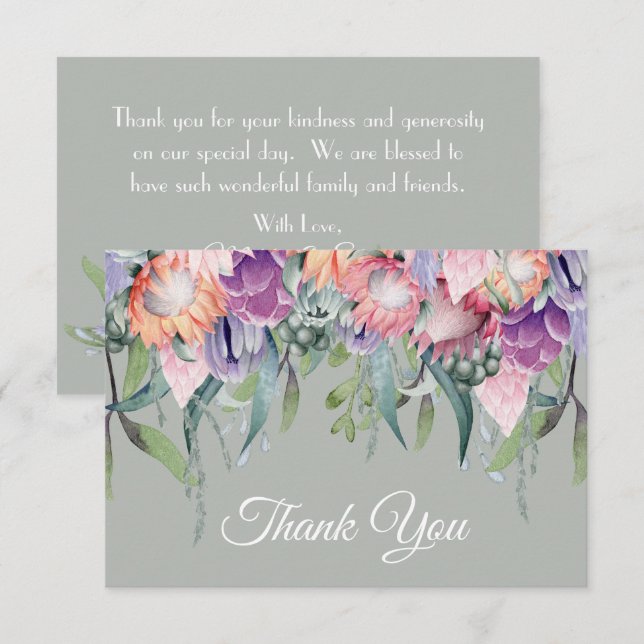 Carte De Remerciements Fleurs de Protéa Exotiques Tropicales à l'Aquarell (Devant / Derrière)