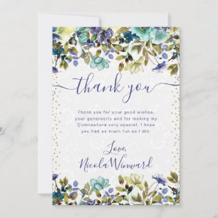 Carte De Remerciements Fleurs de Quinceanera aquarelle bleu marine et ble
