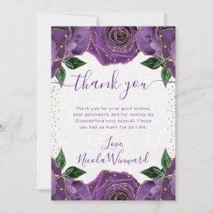 Carte De Remerciements Fleurs de Quinceanera aquarelle violettes et dorée
