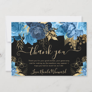 Carte De Remerciements Fleurs de Quinceanera bleu et or à l'aquarelle