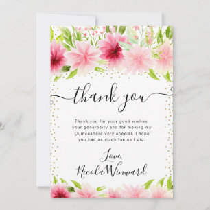 Carte De Remerciements Fleurs de Quinceanera d'été rose aquarelle