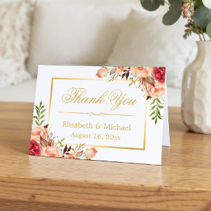 Carte De Remerciements Fleurs de Rose Orange Rustique Cadre Doré Remercie