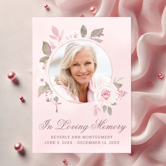 Carte De Remerciements Fleurs de rose rose de sympathie Photo mémorial fl (Elegant In Loving Memory Pink Rose Watercolor Floral Photo Funeral Thank You Card)