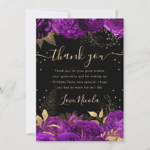 Carte De Remerciements Fleurs de roses violettes et dorées pour la fête d