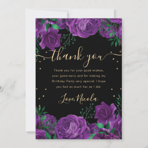 Carte De Remerciements Fleurs de roses violettes et dorées pour la fête d
